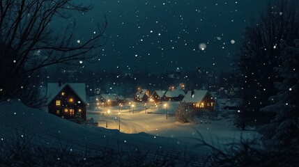 Naklejka premium Cozy snowy village illuminated by warm lights on a clear Christmas night, snow gently falling under a starlit sky, magical and serene
