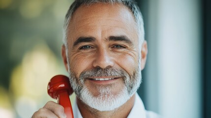 A smiling man holding a red telephone, exuding confidence and approachability.