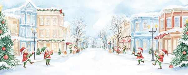 Whimsical Christmas with fantasy elves brings holiday cheer. Whimsical Christmas town square with festive lights, happy elves caroling, watercolor fantasy illustration with soft colors