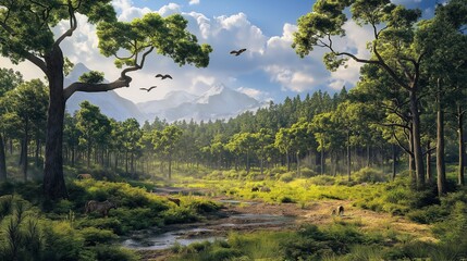 Obraz premium Lush green forest clearing with sunlight breaking through the canopy for nature editorials.