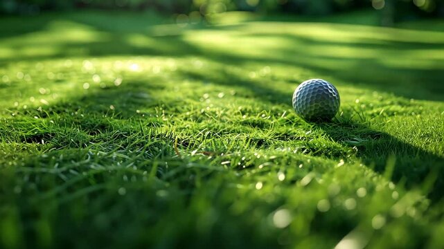 Golf ball on lush green grass with sunlight filtering through trees, concept of sports and leisure. Golf course and recreation concept. Design for sports brochure, golf tournament flyer.