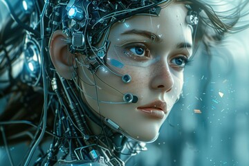 A woman with a futuristic cybernetic headpiece. AI.