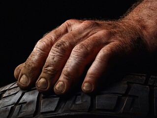 A close-up of a weathered hand resting on a tire, symbolizing hard work and craftsmanship.