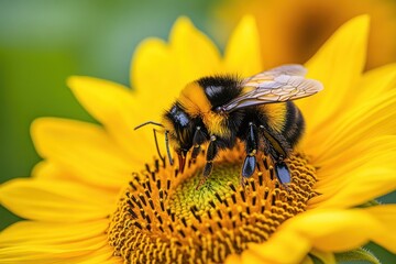 A bumblebee gathers pollen from a bright yellow sunflower.