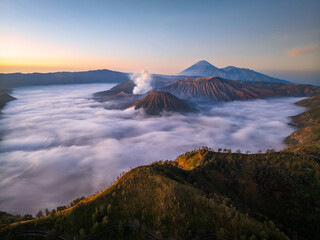 Aerial drone view of Bromo active volcano with Kingkong hill viewpoint, Tengger Semeru national park, East Java, Indonesia