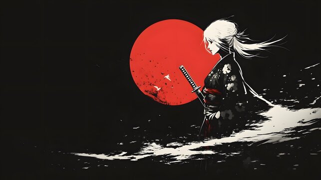 A lone samurai woman stands in the water, her katana drawn, facing a large red sun.