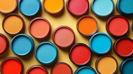 An assortment of colorful paint caps arranged on a yellow background
