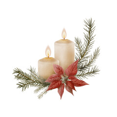 Vintage wax candle Christmas arrangement with wick and flame, with red Poinsettia flower and spruce sprigs. Hand drawn illustration isolated on white background for greetings, cards and invitations