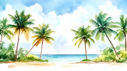 Watercolor Painting of Tropical Beach Scene with Palm Trees under a Sunny Sky