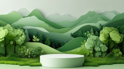 3d Paper cut abstract minimal geometric shape White cylinder podium on green nature mountains landscape backdrop for product display advertising