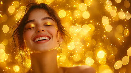 Fototapeta premium Radiant Woman Smiles Amidst Golden Bokeh Lights, a Festive and Joyful Abstract Background Image