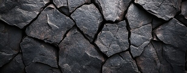 Black Rock and Tree Bark Texture: Dark Gray Stone Surface with Cracks for Design and Banner