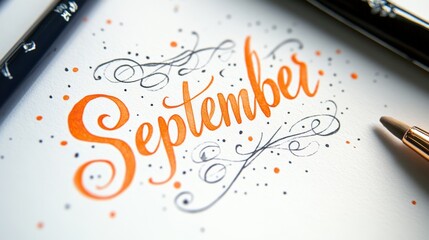 Handwritten September in Orange Ink with Black Swirls and Dots