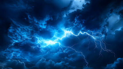Dynamic Lightning Bolts Crack Across a Dramatic, Dark Blue Stormy Sky Background Illustration