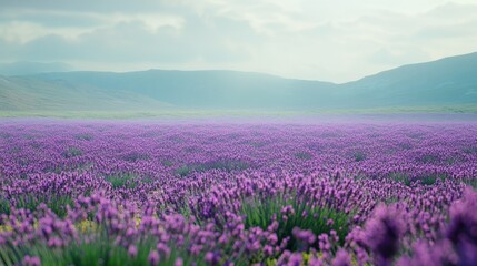 Obraz premium Field of purple lavender flowers, extending into the distance, with a soft-focus background of green and blue for a calming scene