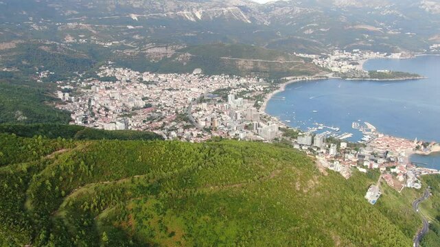 Budva, Montenegro. Beautiful Green Landscape with Sea on A Sunny Summer Day. Drone Shot