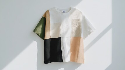 Patchwork t-shirt with natural tones in beige, white, black, and green, sustainable fashion style