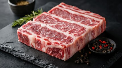 Fototapeta premium Freshly cut raw brisket with impressive marbling, set on a dark background to accentuate textures, perfect for menu designs.