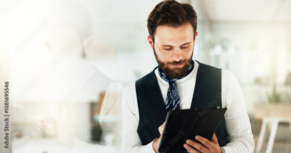 Aufkleber development, editing and tablet with business man in glass office as artistic publication designer. 