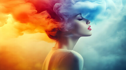 Fototapeta premium Abstract Colorful Smoke Envelops Serene Woman's Profile in Dreamlike Artistic Photo