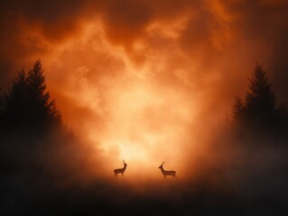 Two deer standing in a misty forest at sunset.