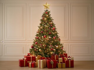 빨간색과 금색 선물 상자에 둘러싸인 별 모양의 토퍼, 빨간색과 금색 장식으로 장식된 크리스마스 트리