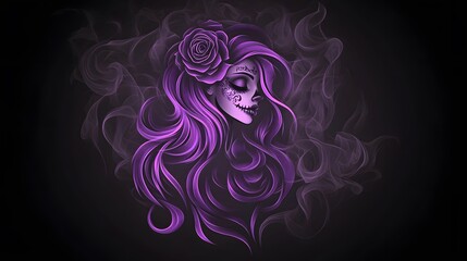 A purple-haired sugar skull woman with a rose on her head is surrounded by smoke on a dark background.