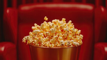 Golden popcorn spilling over a large bucket, held against a red cinema seat backdrop for a classic movie snack vibe.