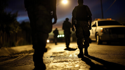 Police officers on a dark road searching for illegal immigrants at the border