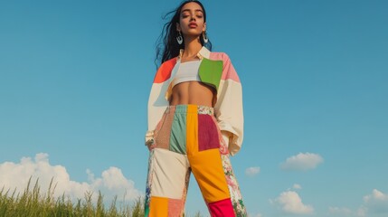 Trendy woman in vibrant recycled patchwork pants and crop top in an outdoor setting, representing upcycled summer fashion