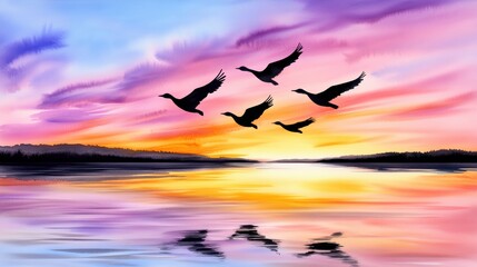 Obraz premium Serene Sunset Birds in Flight over Calm Lake Watercolor Painting