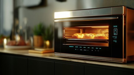 Fototapeta premium Countertop convection oven glows warmly while actively cooking food for kitchen appliance advertisement.