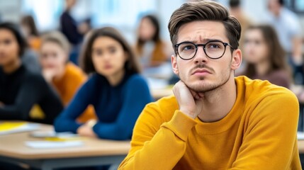 Obraz premium A young man thoughtfully engages in a classroom discussion while seated among classmates during a lecture