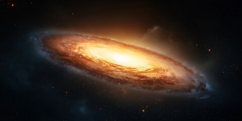 Cosmic Spiral: A breathtaking view of a spiral galaxy, bathed in golden light, amidst a vast expanse of darkness and twinkling stars.  