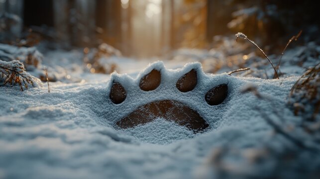 A large bear paw print in the snow in a forest with sunlight shining through the trees.