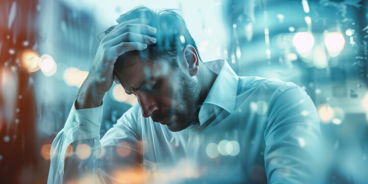 Worried businessman holding his head in his hands while sitting in the office abstract double explosion