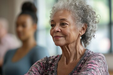 A caregiver assists an elderly person with light exercise or stretching. They encourage gentle movements to maintain flexibility and strength