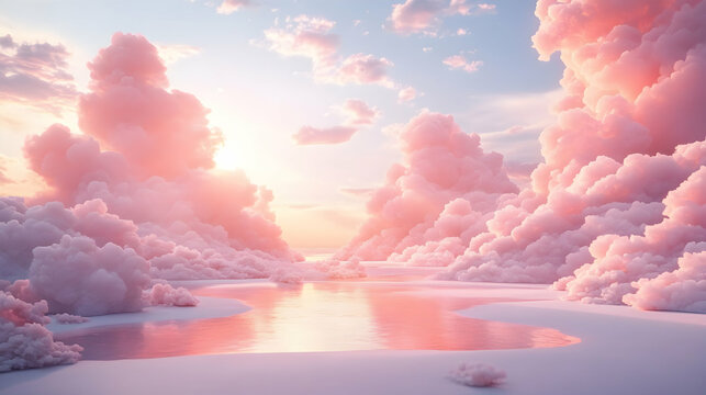 Digital 3D Render of a Pink Cloud Seascape at Sunset, with a Calm Reflective Pool