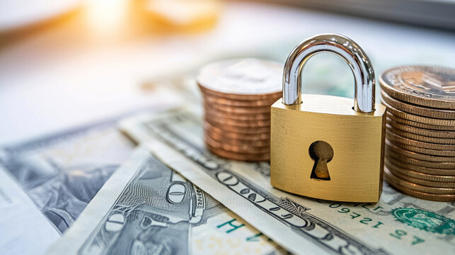 Secure padlock on coins and dollar bills symbolizes financial safety and protection. This conveys importance of safeguarding money and assets effectively