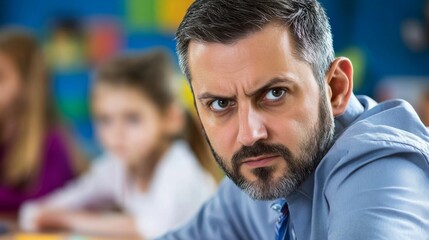 Fototapeta premium A stern teacher addresses his class with a serious expression during a lesson in a colorful classroom setting