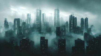 Fototapeta premium Digital Painting of a Foggy, Futuristic Cityscape at Night