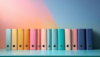 Organizing office supplies colorful binders displayed on a blue surface modern workspace minimalist design conceptual organization