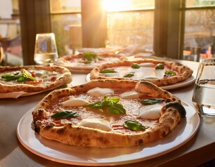Delicate Plates of Italian Pizza Napoletana with Fresh Basil and Mozzarella, Served in a Bright and Airy Cafe Setting with Sunlight Streaming Through Large Windows