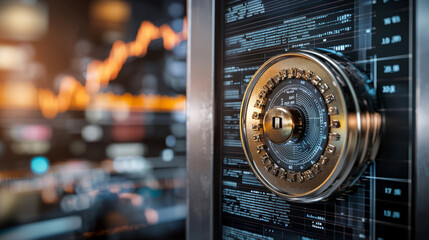 Secure safe with financial graphs and data in background, symbolizing wealth management and investment strategies