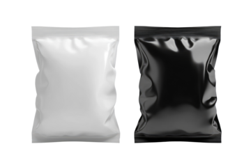 Two aluminum foil snack packages for mockup  with a transparent background. black and white packages. 
