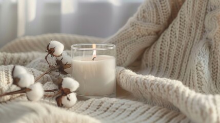 A candle in a glass bowl with white cotton flowers, knitted sweater or blanket in the blurred bokeh background. Concept of calm and relaxation, serene atmosphere.