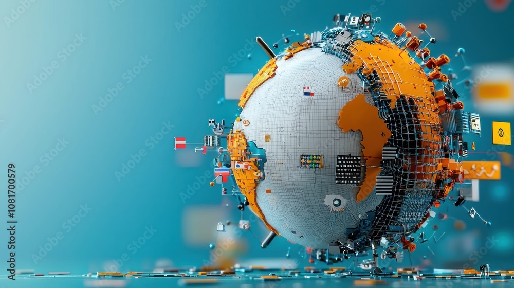 Poster Global connectivity representation abstract globe design with flags digital space 3d visualization modern concept