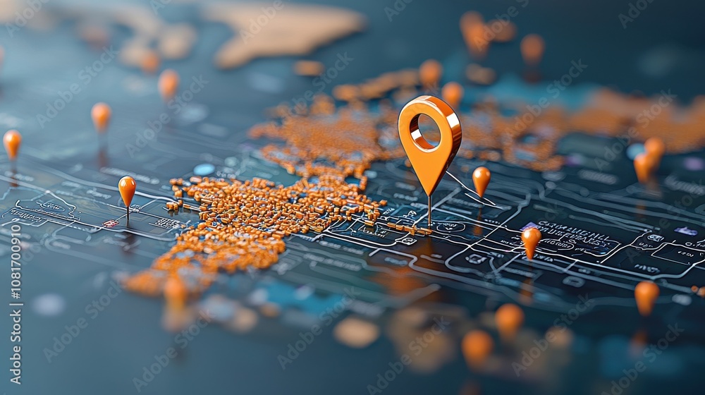 Poster Highlighting international standards on digital map with pins global interactive visualization virtual environment data representation