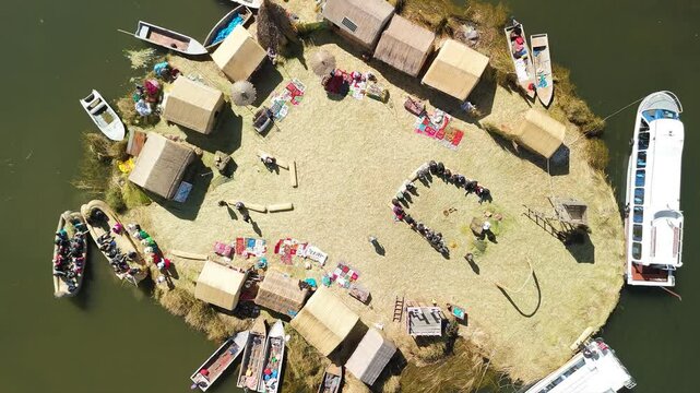 Aerial of Uros Island in Lake Titicaca, Top-Down