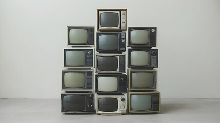 Vintage Televisions Stacked High in a Room, Creating a Retro Display of Analog Technology